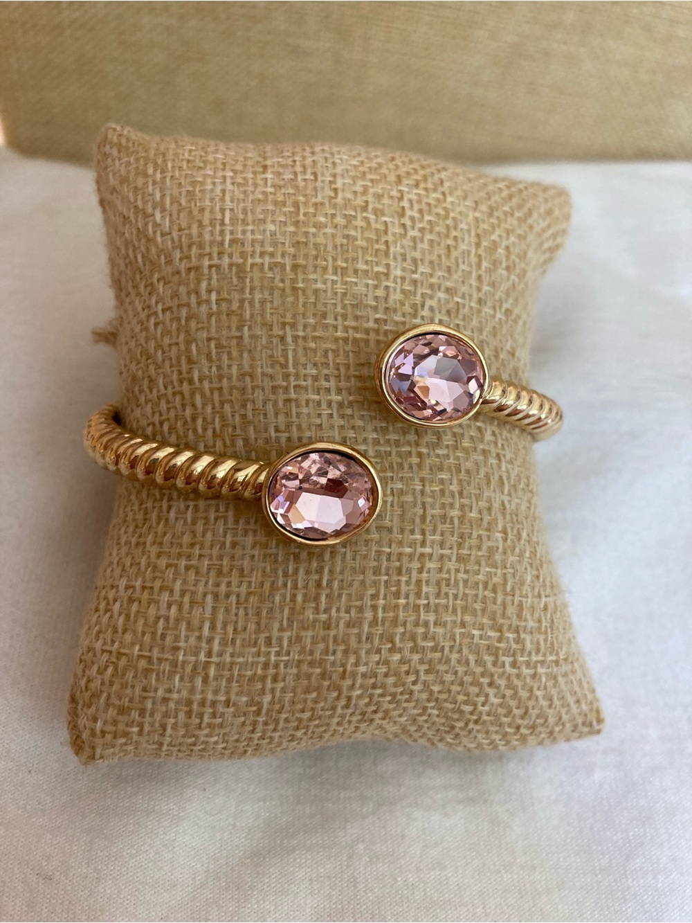 Monet Signed Gold Tone Bypass Cable Designed Bracelet with Pink Crystals